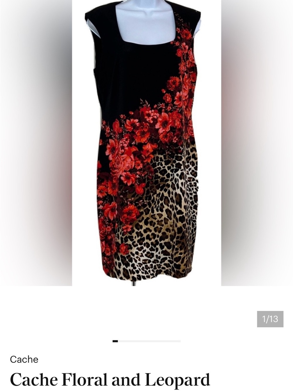 Cache Black Dress with Red Floral and Leopard Print Panel